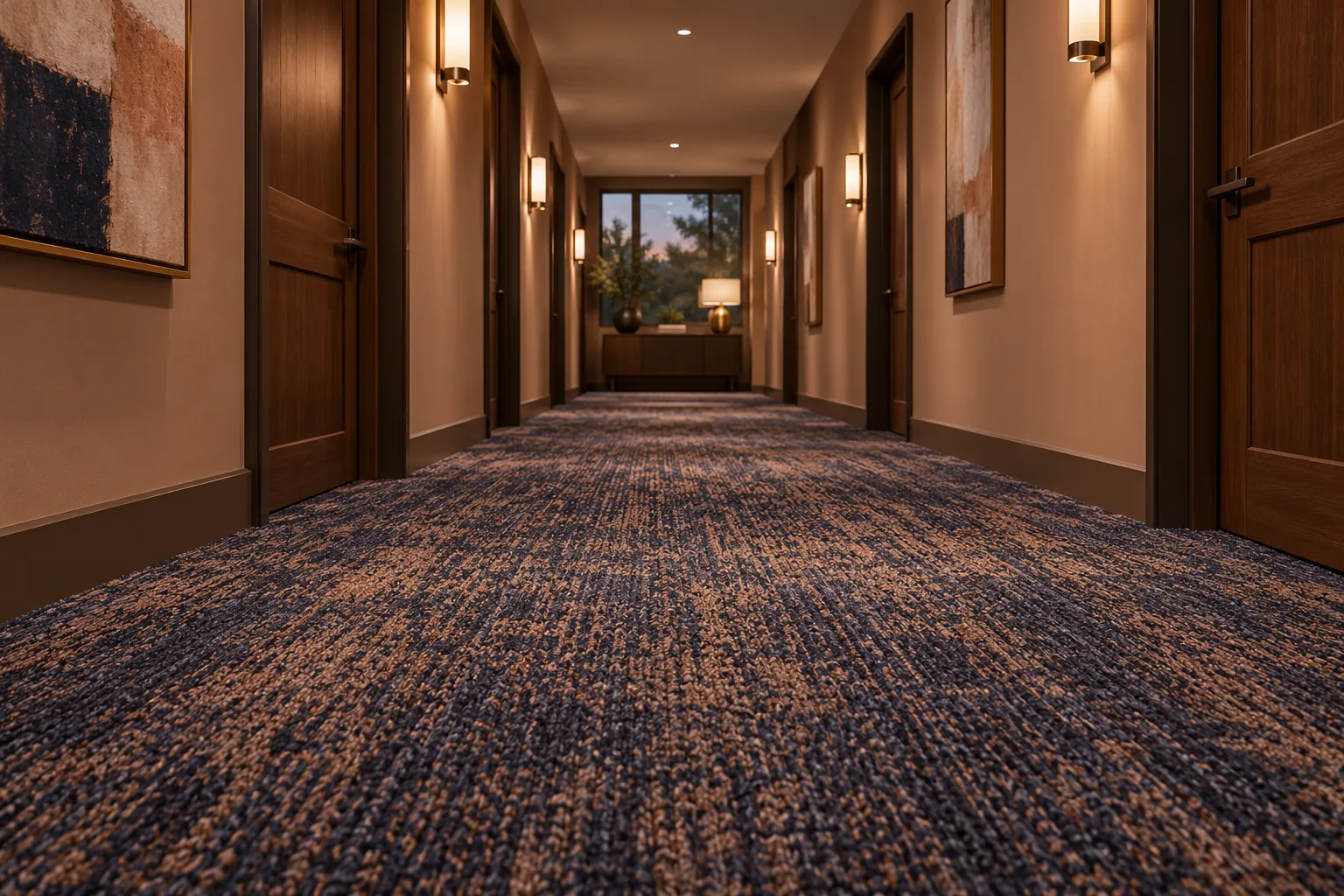 Apartment building hallway with navy and copper carpet and warm wall sconces