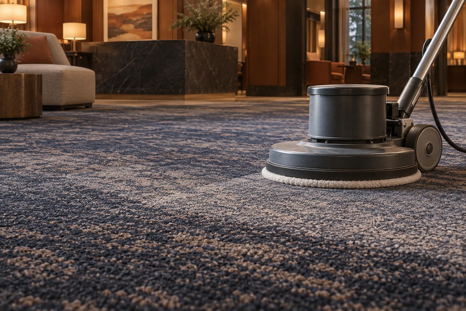 Rotary floor machine with a carpet bonnet pad on navy patterned lobby carpet