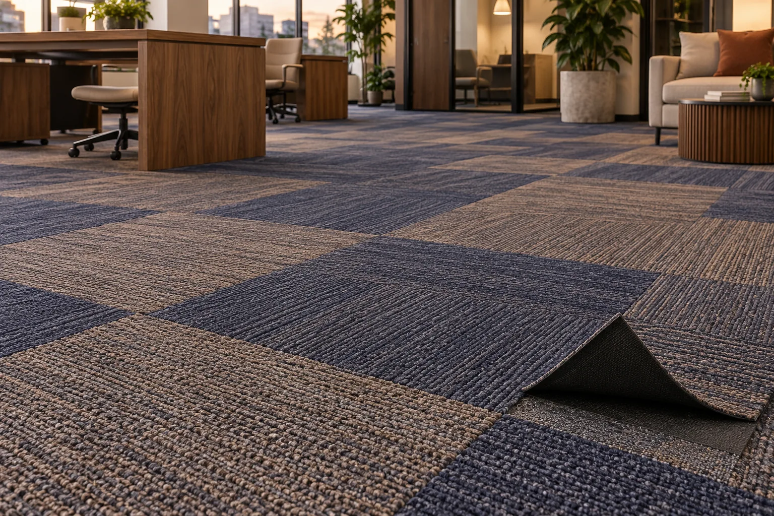 Checkerboard carpet tile floor in an office lounge with one tile corner lifted