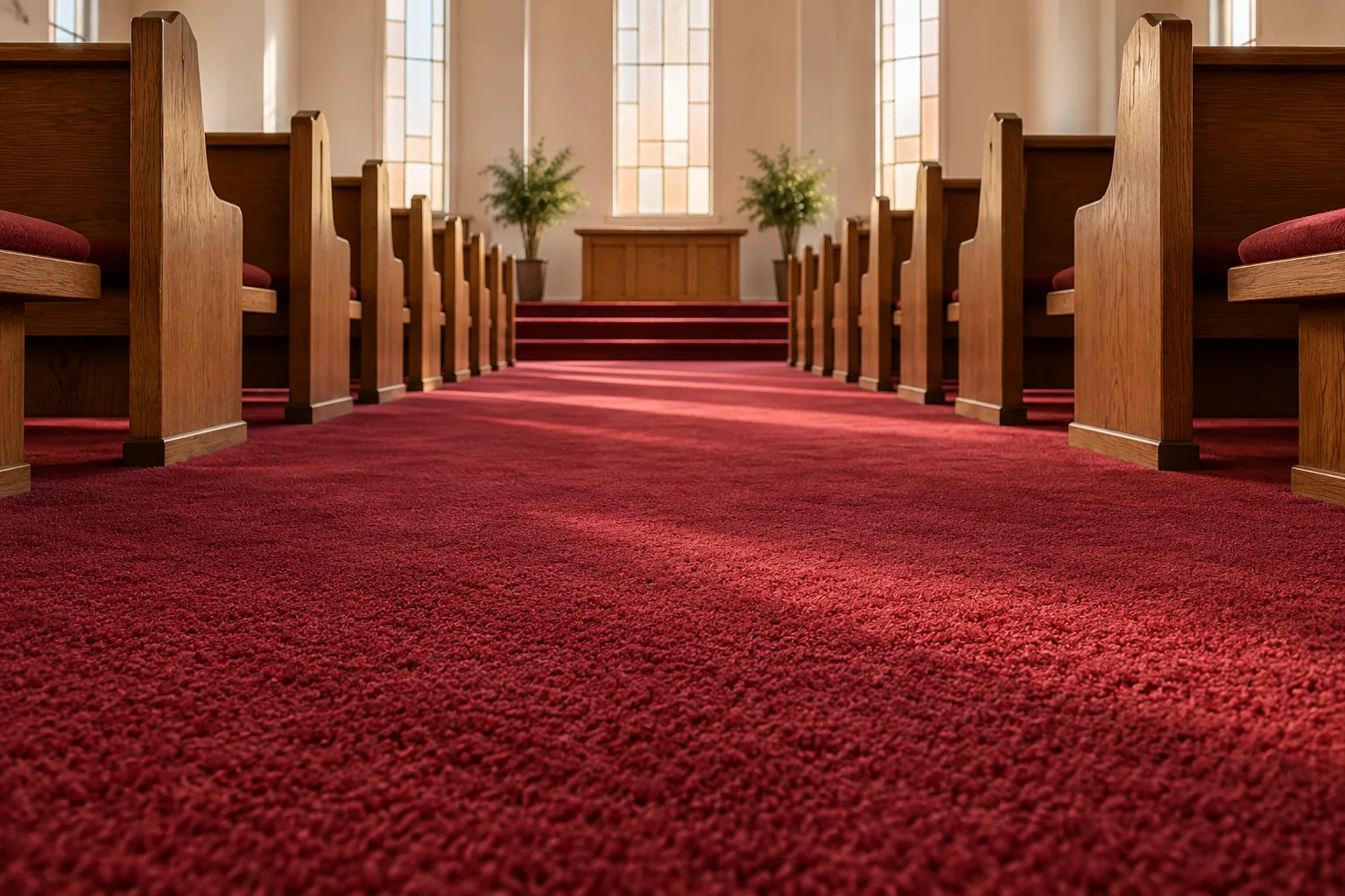 Church sanctuary with red carpet running between rows of wooden pews