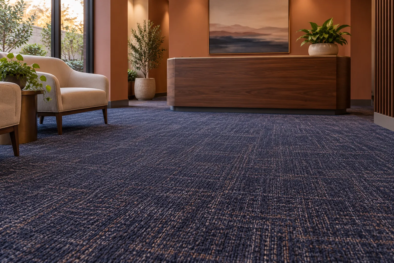 Reception area with navy carpet, a walnut desk, armchairs and a landscape painting