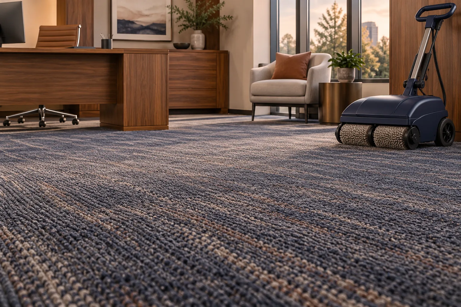 Office carpet with a cylindrical brush encapsulation machine beside a walnut desk