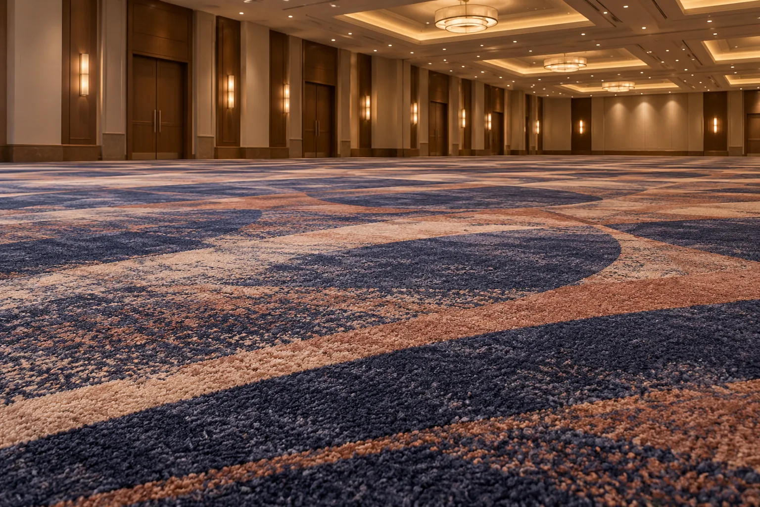 Empty ballroom with sweeping navy and copper patterned carpet under recessed lights