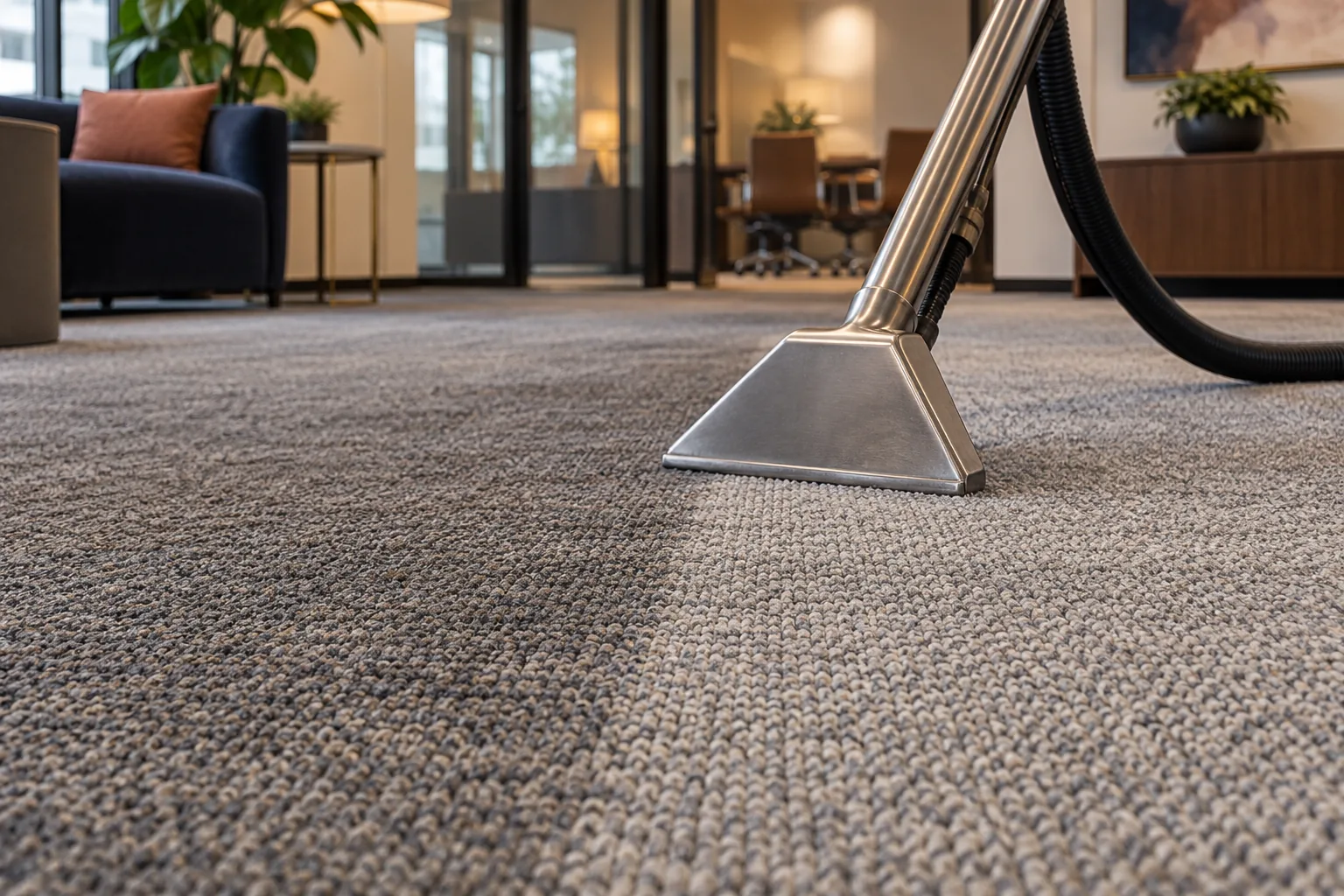 Extraction wand cleaning gray office carpet, leaving a brighter stripe behind