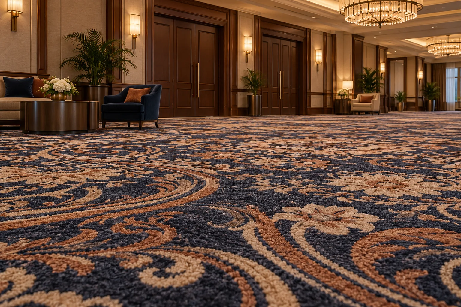 Hotel lobby with ornate navy and copper patterned carpet under a crystal chandelier