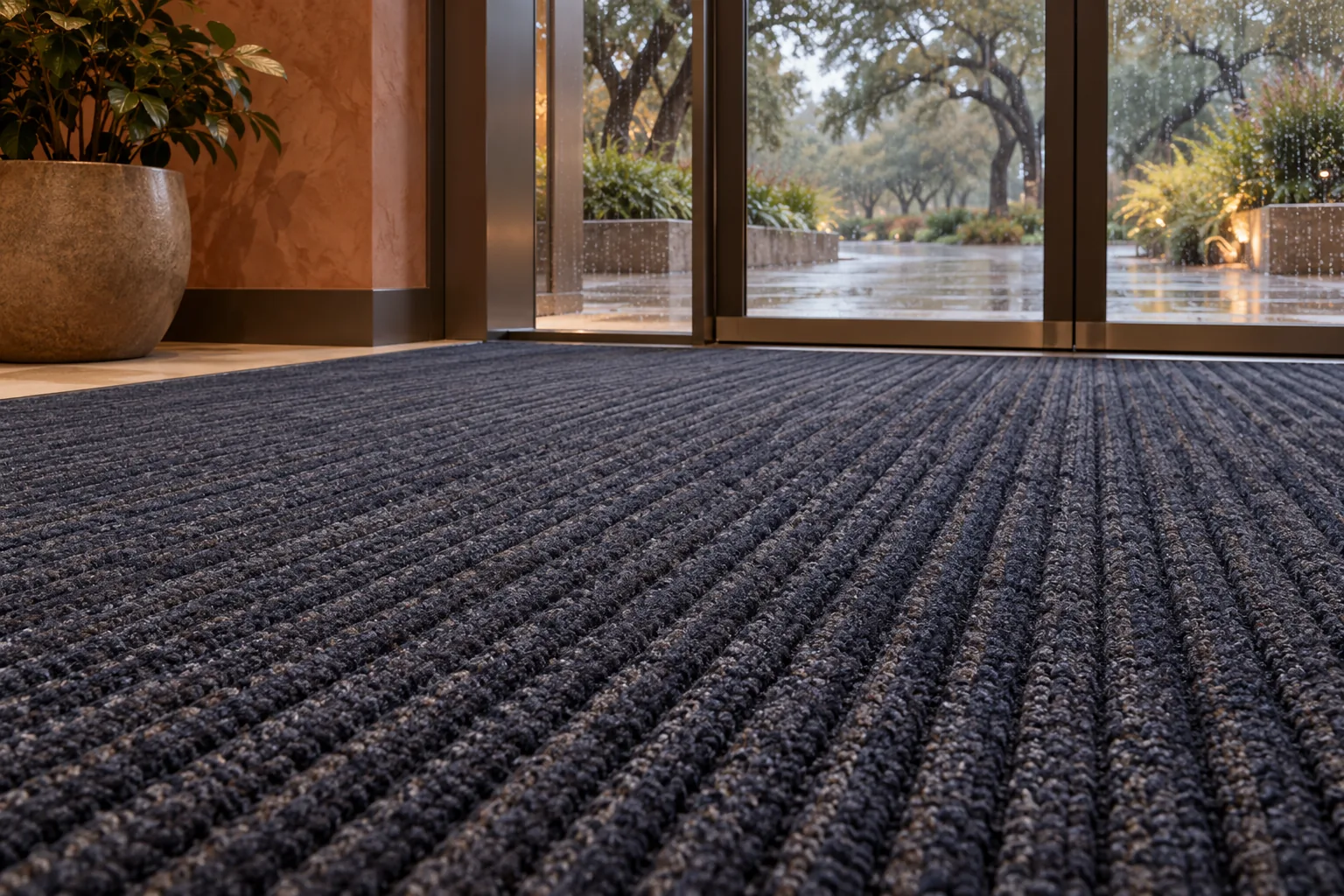 Long ribbed entrance mat leading from glass doors toward a carpeted lobby
