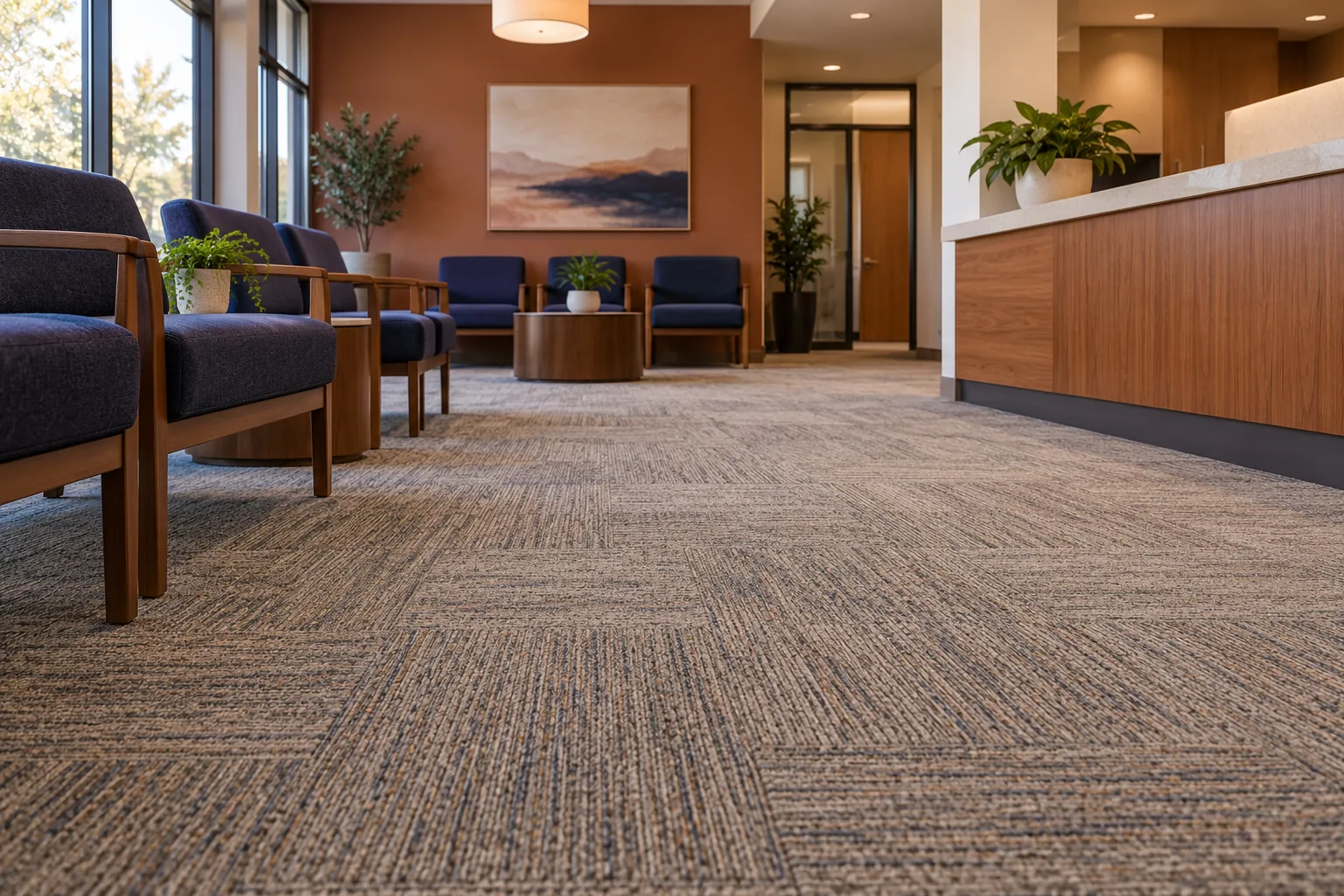 Medical office waiting room with navy chairs, carpet tile and a reception counter