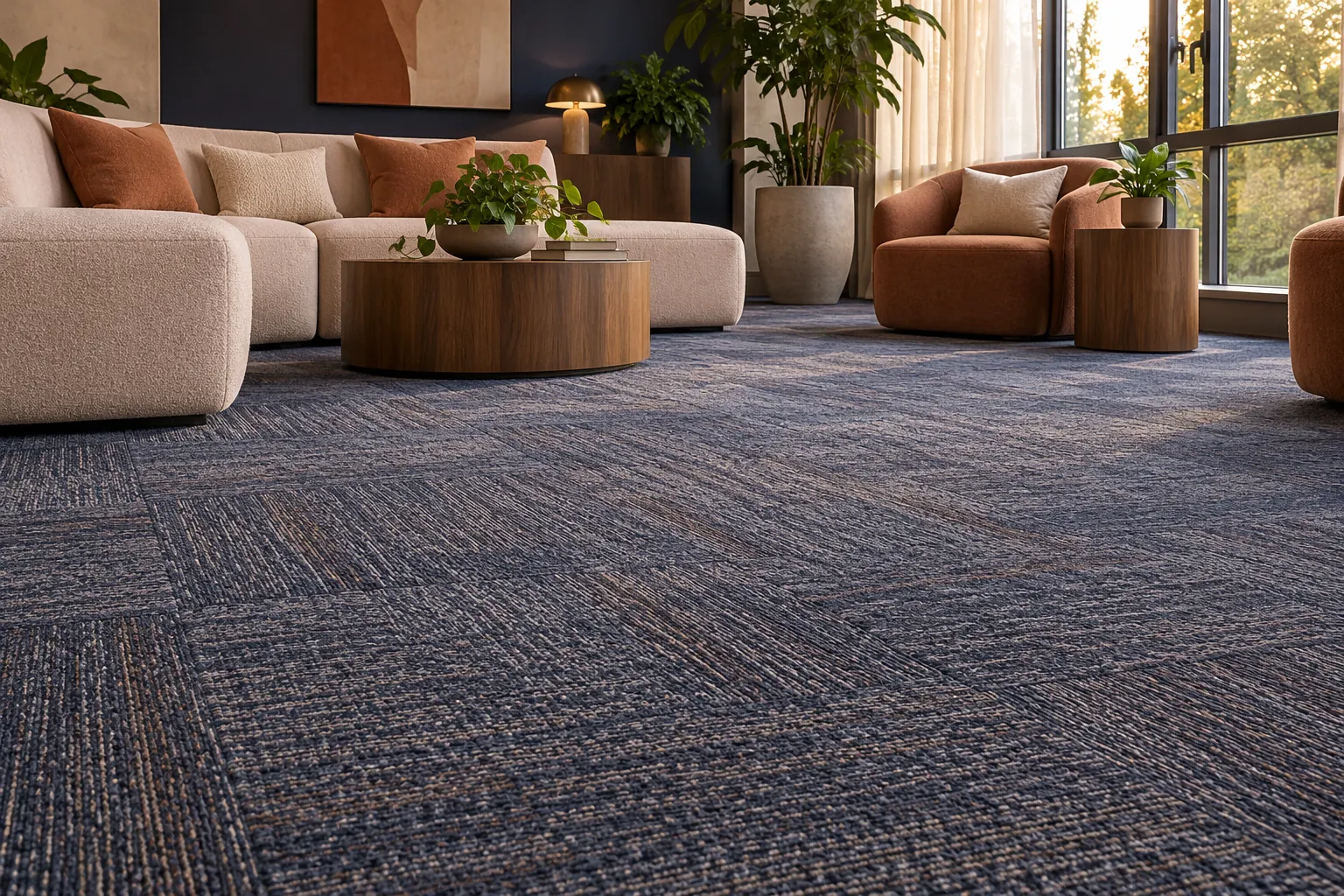Bright lounge with cream sectional sofas and blue patterned carpet tile