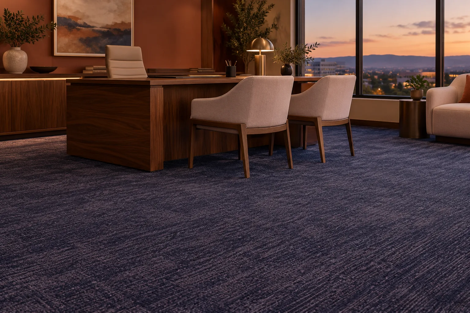 Private office with deep navy carpet, a walnut desk and a sunset view through tall windows