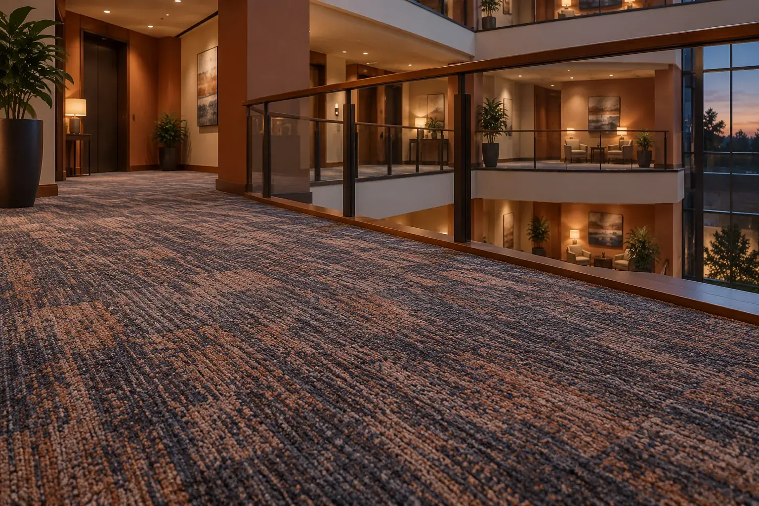 Atrium mezzanine with patterned carpet along a glass railing overlooking lower floors