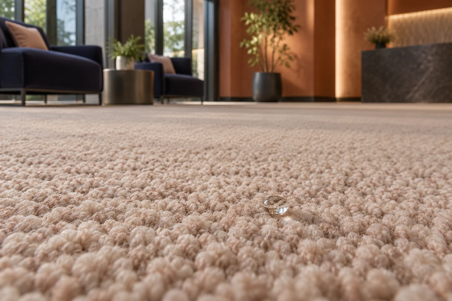 Close-up of light textured carpet with a single droplet beading on the surface