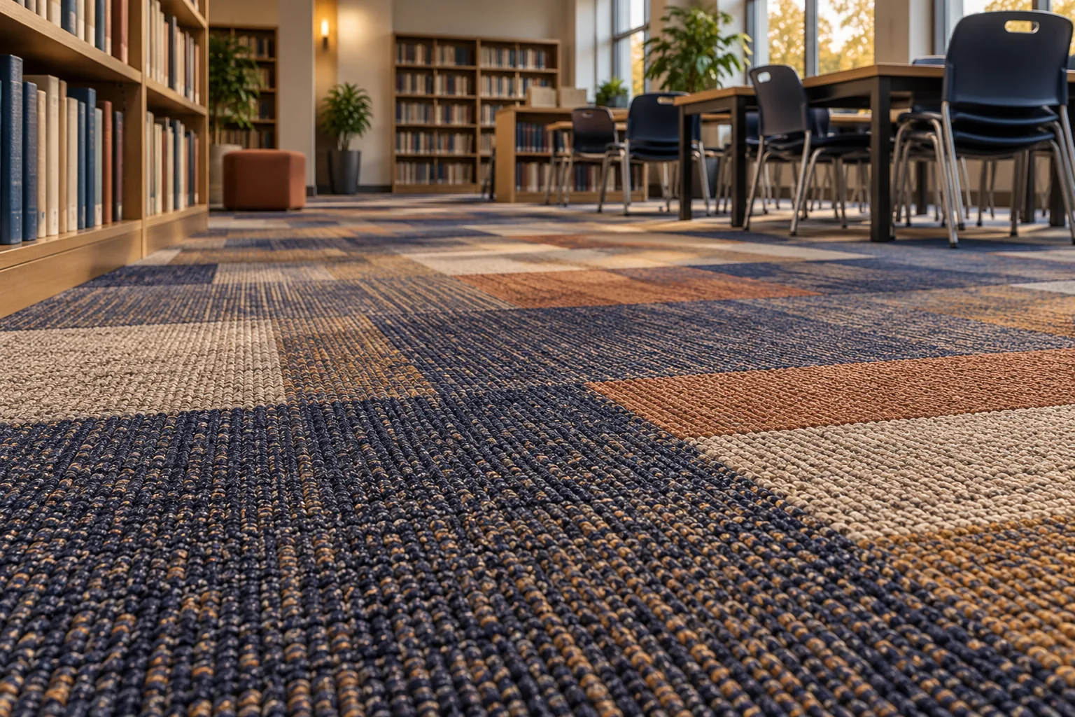 School library with patchwork carpet tile, study tables and shelves of books