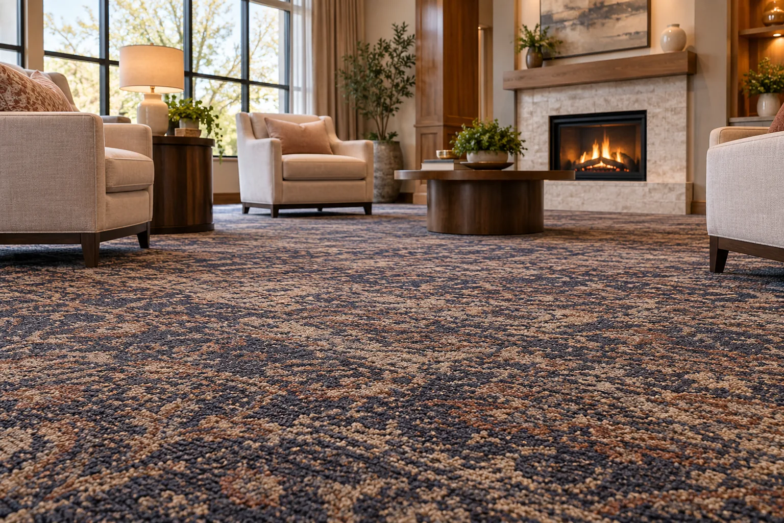 Senior living lounge with patterned carpet, armchairs and a lit fireplace