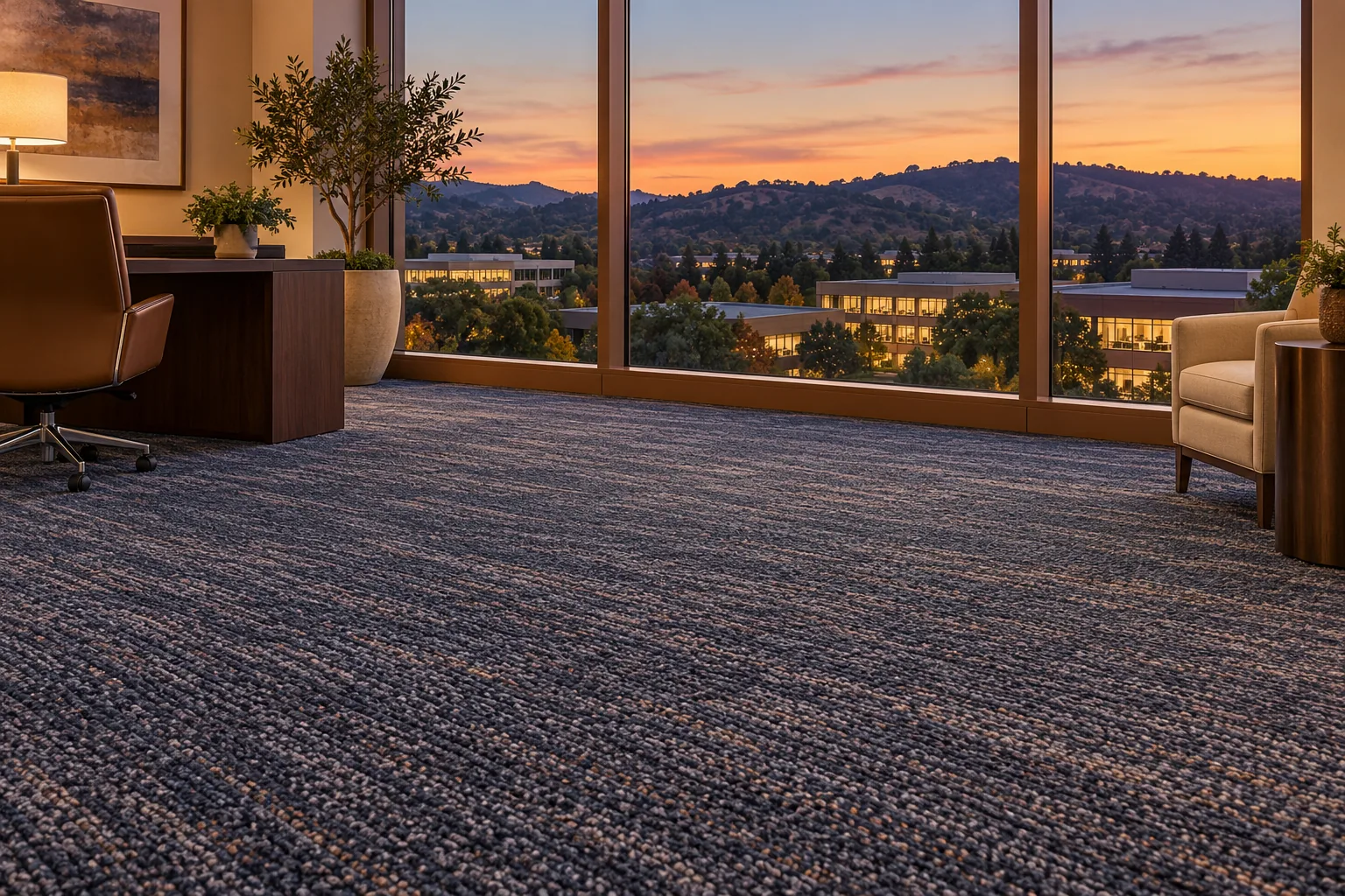 Sunset-lit office corner with a leather chair, side table and evenly cleaned carpet