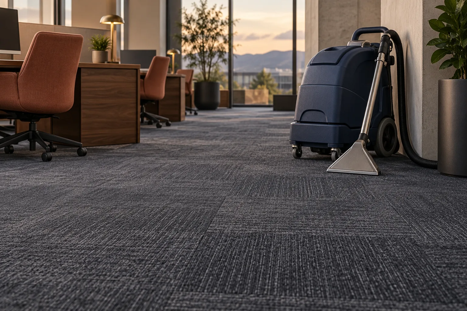 Open office with charcoal carpet tile and a carpet extraction machine parked by the window
