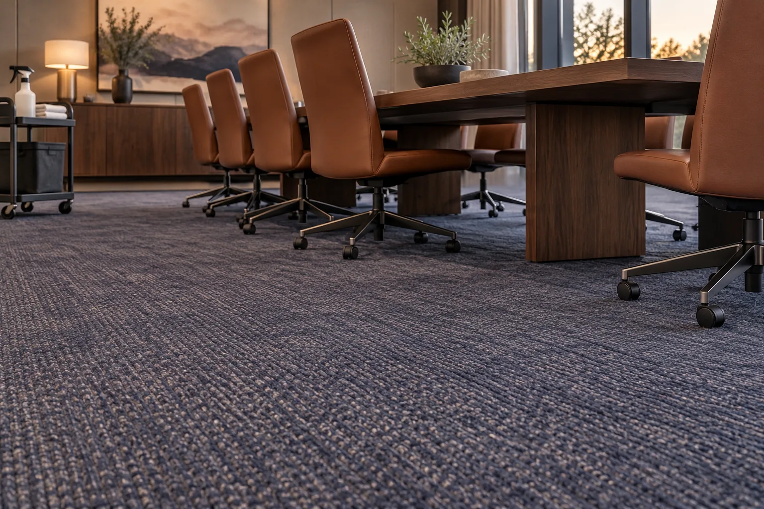 Conference room carpet beside a walnut table and leather chairs, with a cleaning cart nearby