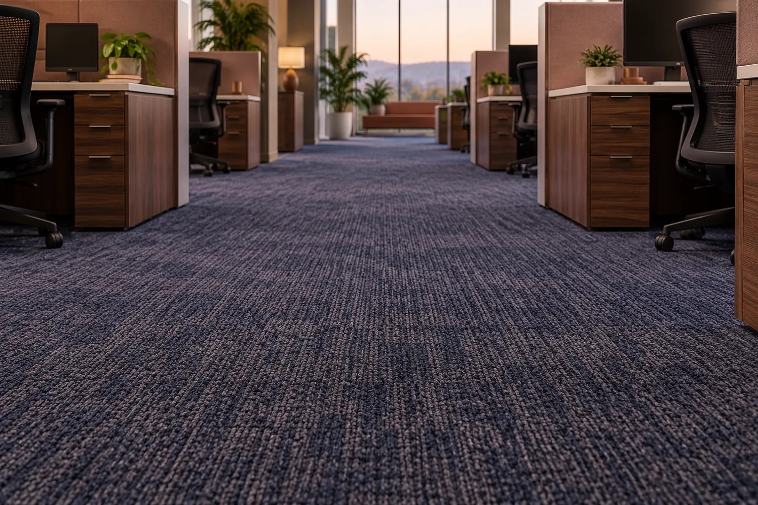 Long office aisle of navy carpet between rows of workstations and filing cabinets